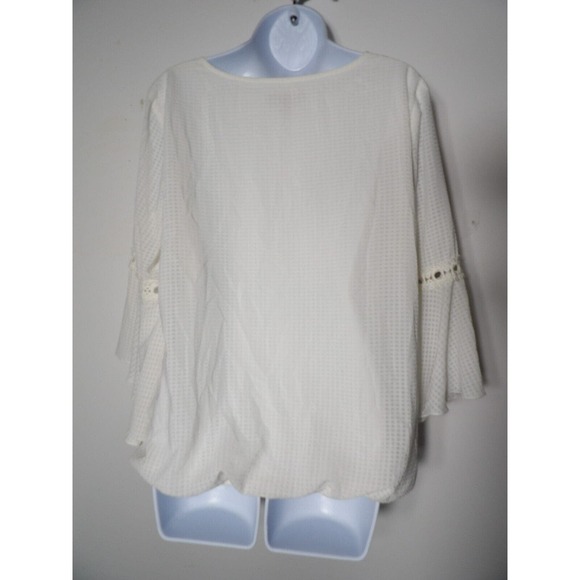 AB Studio Large Tunic Top White Boho Bell Sleeve Eyelet Lined Pleated Hippie Pea - Picture 5 of 11